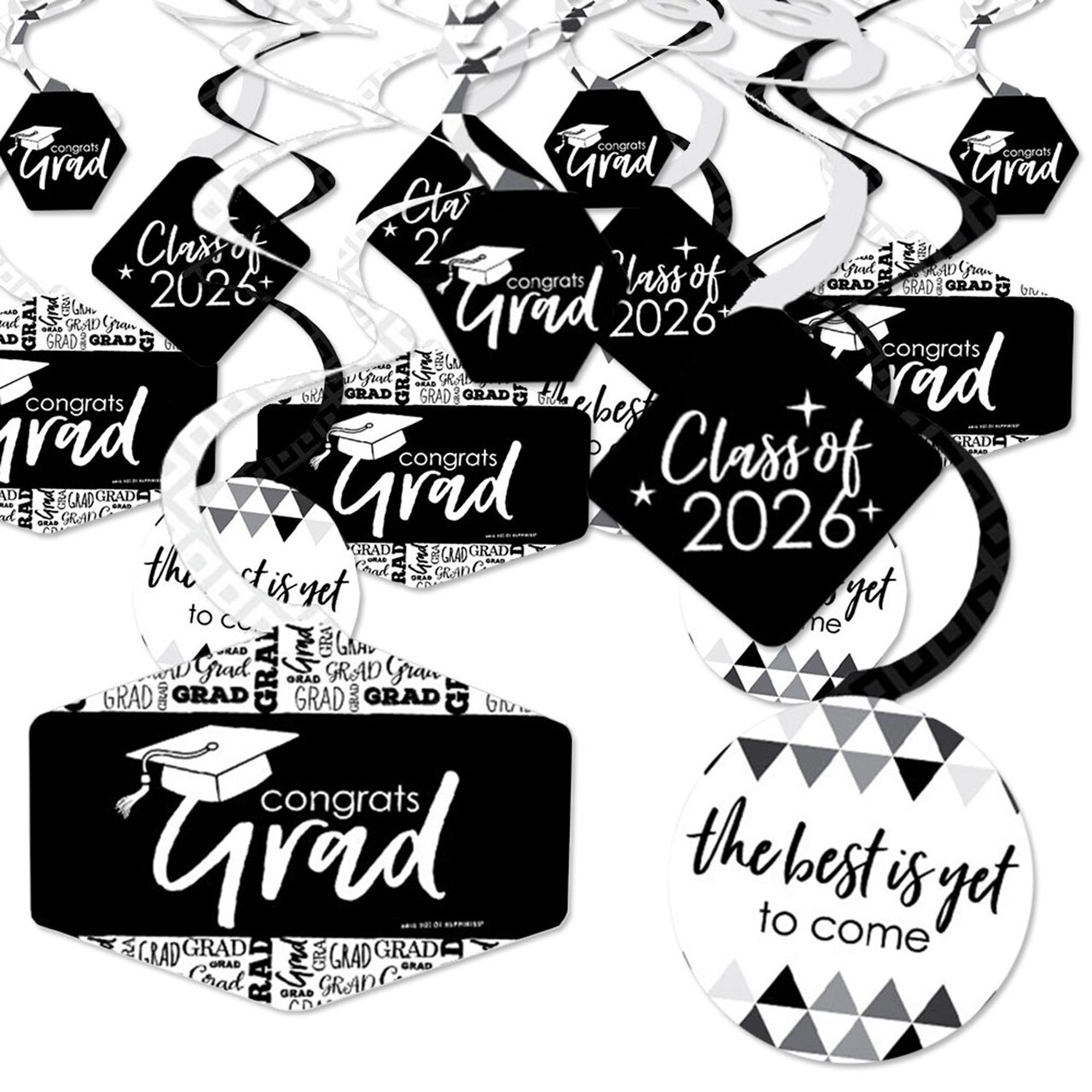 Big Dot of Happiness Black and White Graduation Class of 2026 Decorations Hanging Swirls - Set of 40